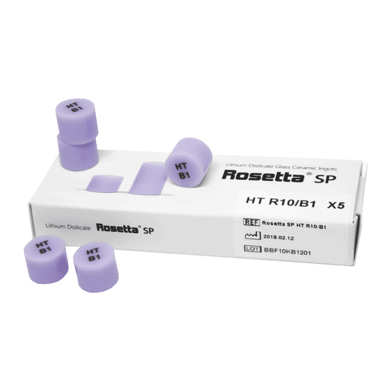 Rosetta® SP Press R10 5 uds 1 Baterías de litio para odontología Rosetta SP en empaque blanco con etiquetas y pastillas moradas.