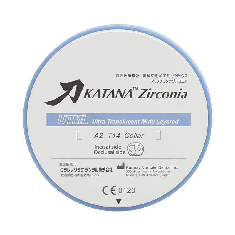 Disco Zirconia Katana UTML Multicapa 98 557 Mpa translucidez 51% 1 Kit de suministros dentales con dispositivo Zirconia KATANA, lujo translucido multi capa, para coronas dentales, precisión en odontología, productos de calidad para profesionales.