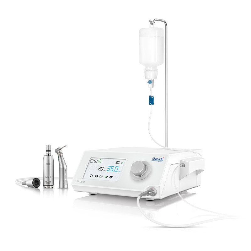 Consola Chiropro PLUS 3rd GEN 1 Alta: Equipo de suministro dental con tecnología moderna para procedimientos odontológicos, incluye jeringuillas y control de temperatura.