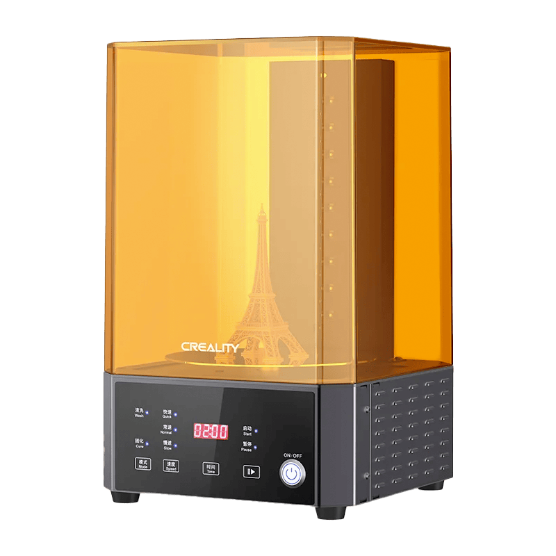 Lavadora - Curadora UW-01 1 Vestible de impresión 3D con pantalla digital y cabina acrílica anaranjada para modelos dentales y proyectos de fabricación digital. Equipamiento de alta precisión para odontología moderna.