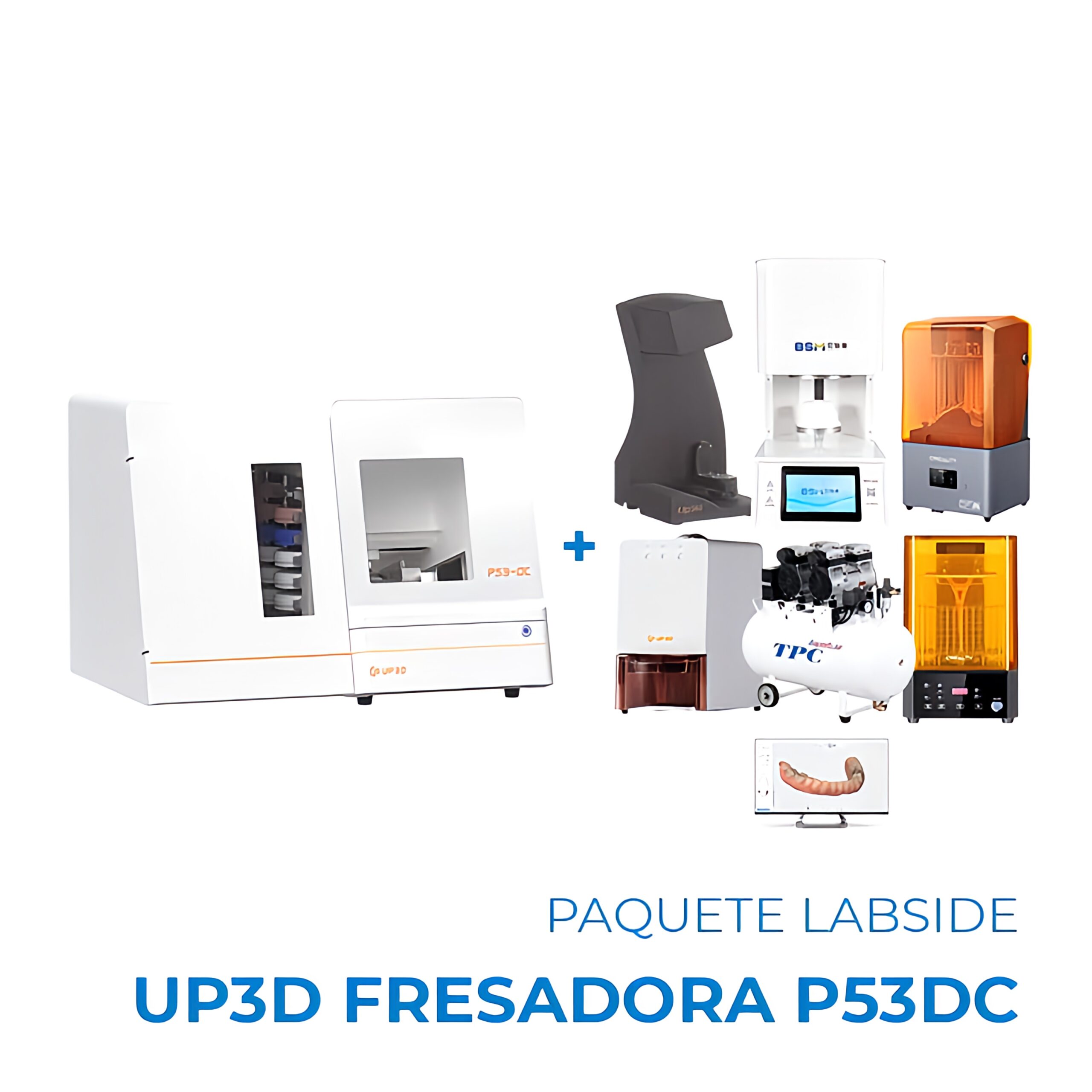 Paquete Labside fresadora UP3D P53 DC 1 Conjunto de equipos dentales de alta tecnología, incluyendo fresadora, escáner, impresoras 3D y otros suministros esenciales para clínicas odontológicas modernas.