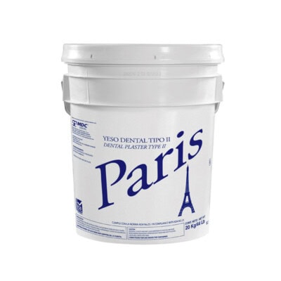 Yeso dental tipo II con diseño de la Torre Eiffel, 20 kg, utilizado en procedimientos odontológicos para moldes y modelos en clínicas dentales y laboratorios.