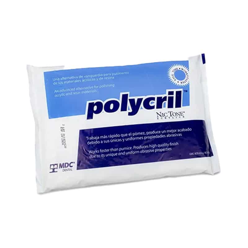 Polycril bolsa 454gr 1 Polyeril, material abrasivo para pulir resinas dentales en equipo y suministros dentales, imagen de paquete de polyeril, utilizado en clínicas dentales para acabados precisos y eficientes.