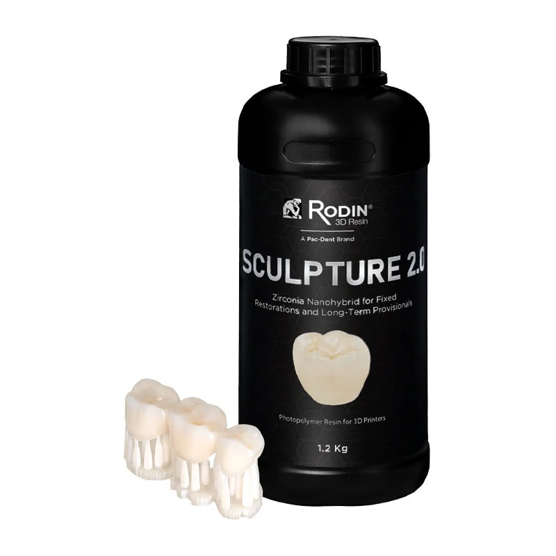 Rodin® Sculpture 2.0 1 Resina dental de alta precisión para restauraciones fijas y prótesis a largo plazo, compatible con impresoras 3D, en presentación de 1.2 kg, ideal para clínicas y laboratorios odontológicos.